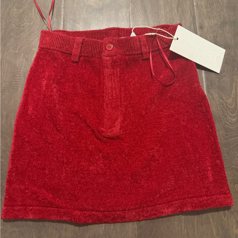 Aya Muse Red Knit Fitted Mini Skirt Mid-Rise Stretchy Cotton Blend